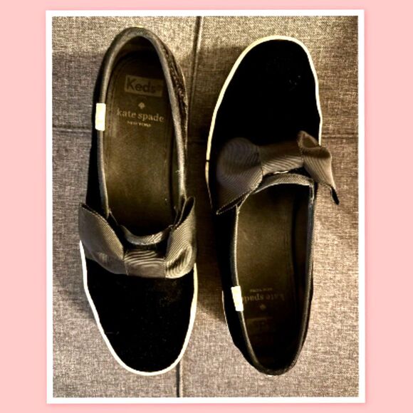 Keds Kate Spade Platform Sneaker, Black Satin Triple Decker Bow Slip On Shoes - Picture 5 of 7